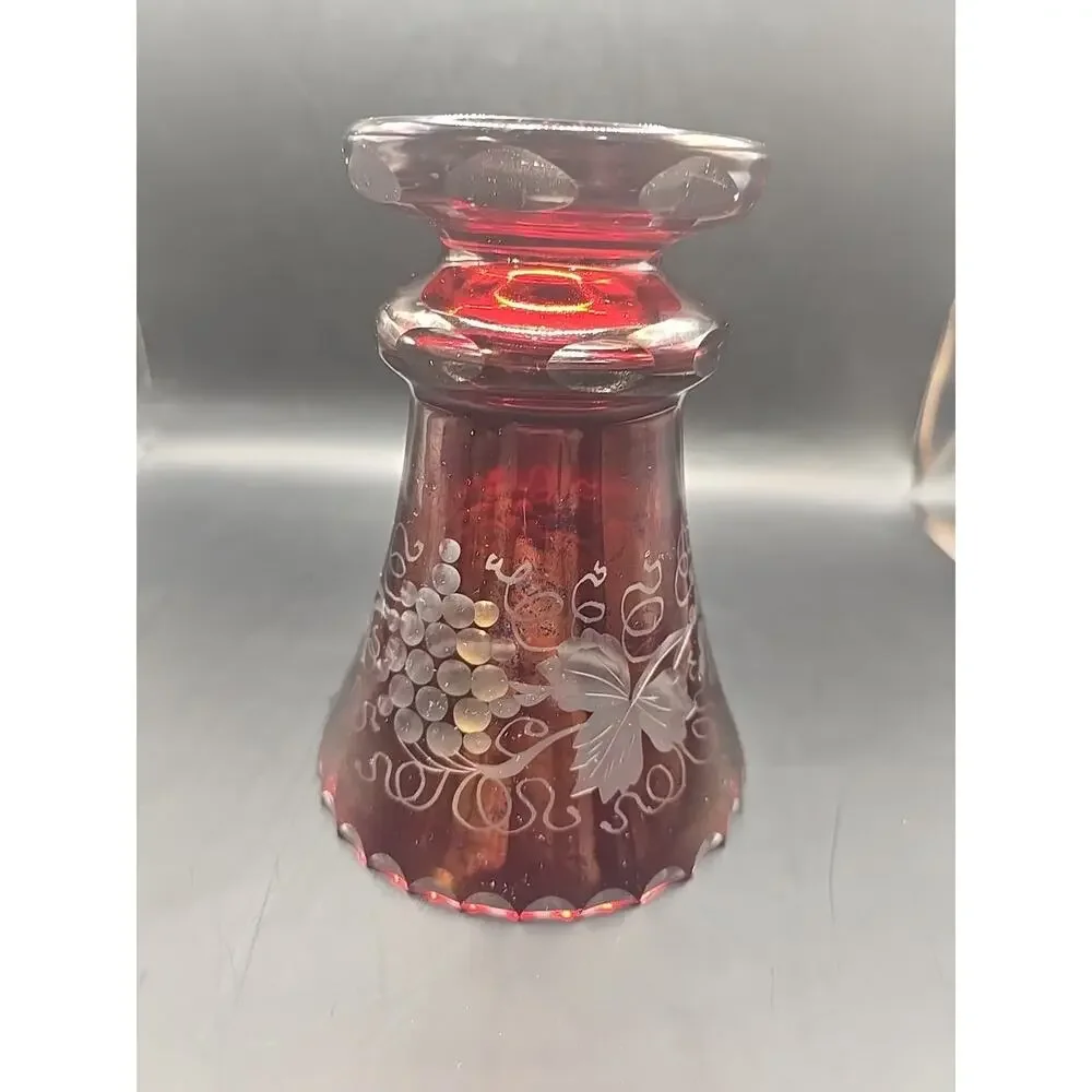 Vintage Egermann Style Ruby Cut To Clear Vase With Grapes and Vines 6